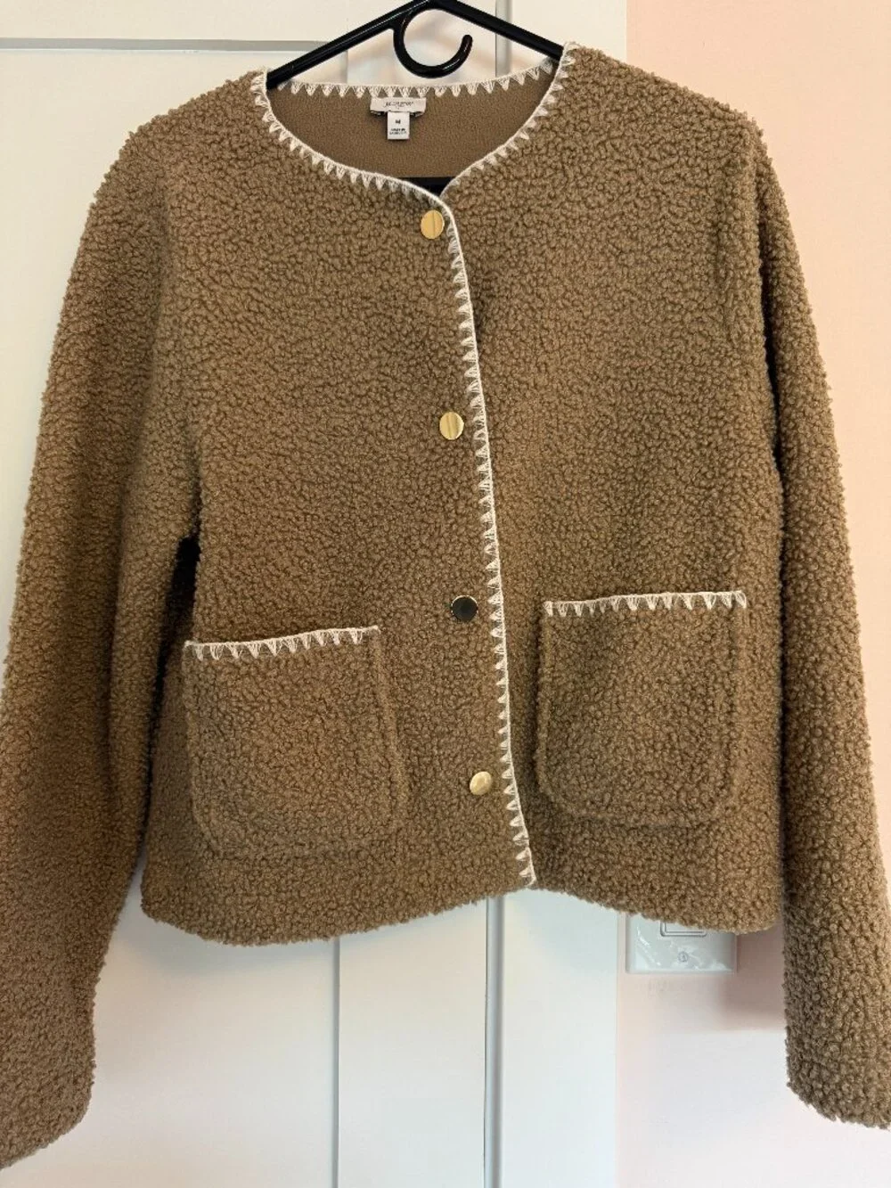 J.Crew Crew Neck Brown Sherpa Jacket Blanket Stitch Gold Button Fleece M